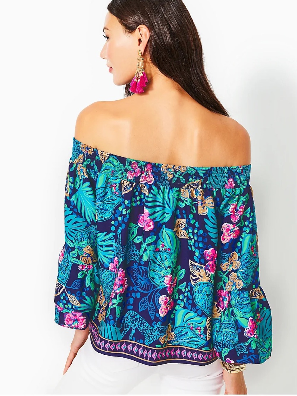 Lilly Pulitzer Kaori off the shoulder top low tide navy life of the party sz lg - Picture 4 of 10